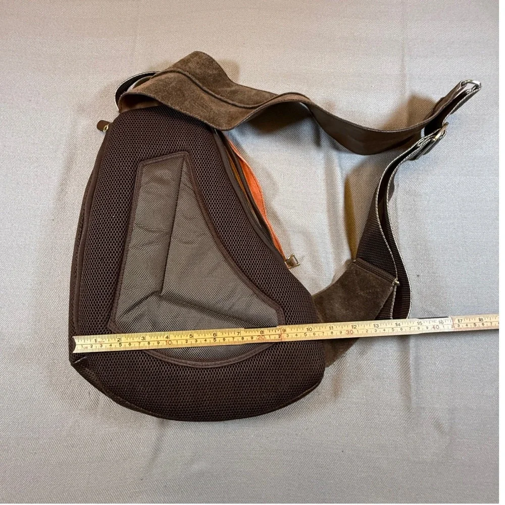 Cole Haan Mens Sling Bag Brown Perforated Leather Ballistic Nylon Backpack 2254